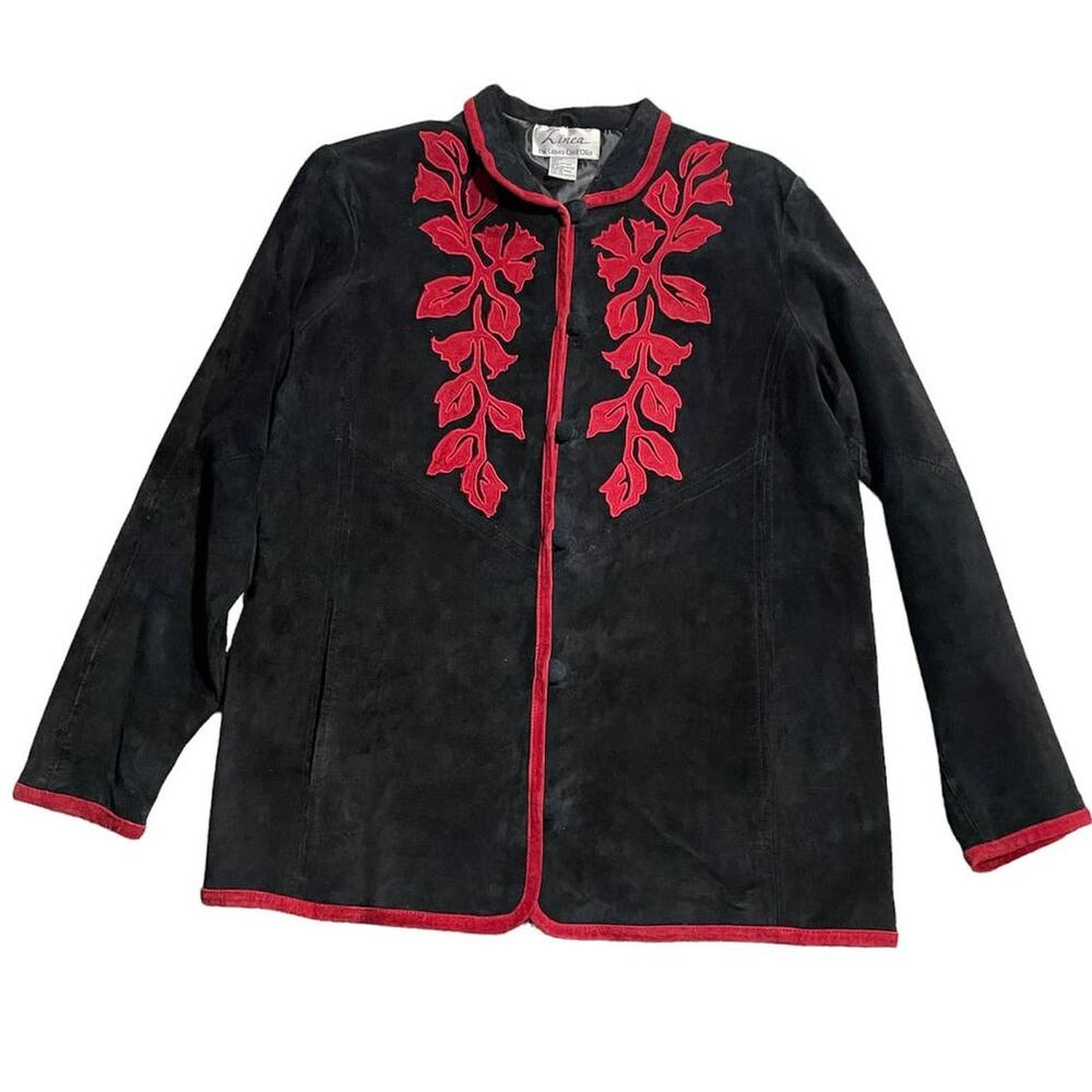 VTG Linea Louis Dell'Olio Jacket Suede Leather Floral Womens Medium Red Black